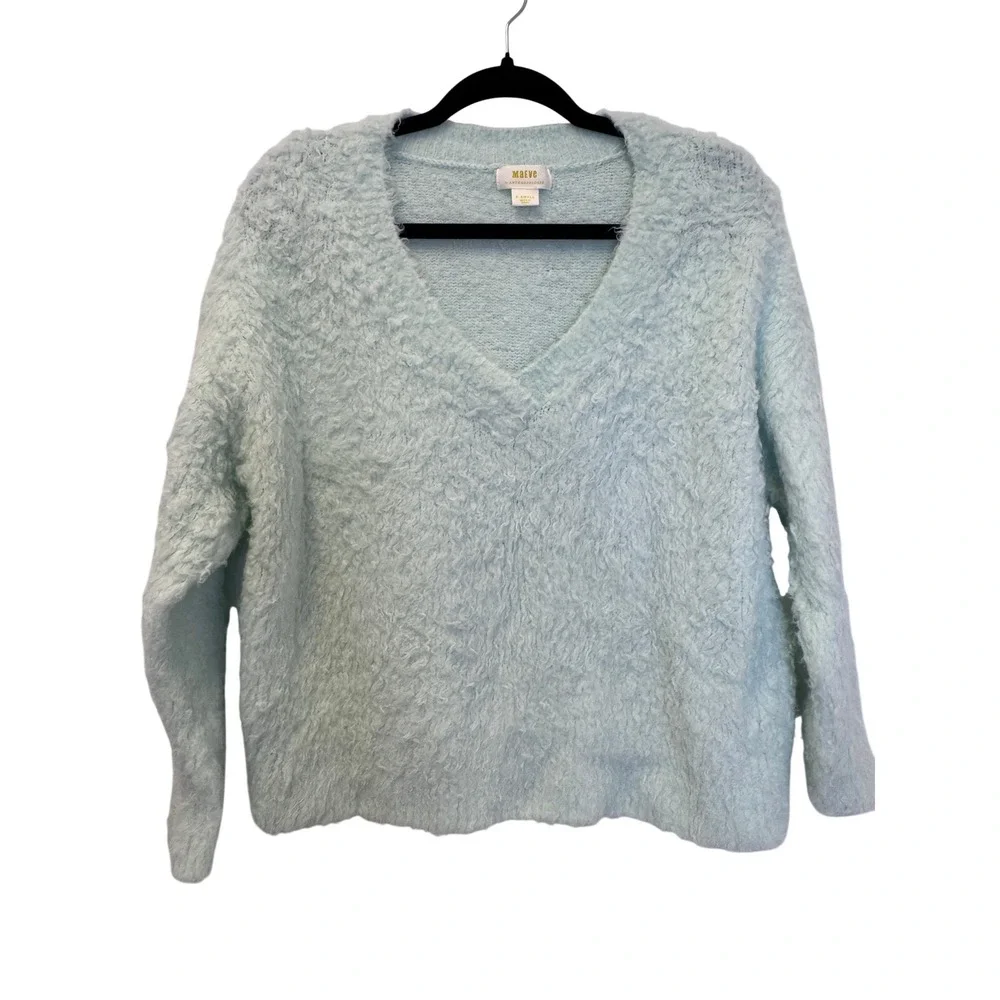 Maeve Anthropologie Mint GreenFuzzy V-Neck‎ Merino Wool Blend Sweater XS